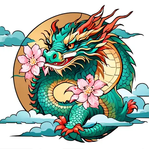 Dragon With Cherry Blossoms And Clouds