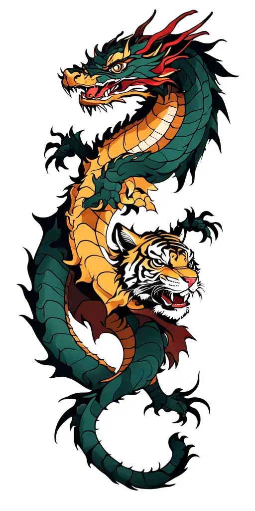Dragon With A Samurai And Tiger
