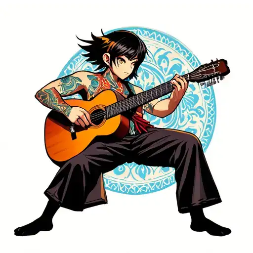 An Anime Character Playing A Guitar With Subtle Samoan Patterns In The Background
