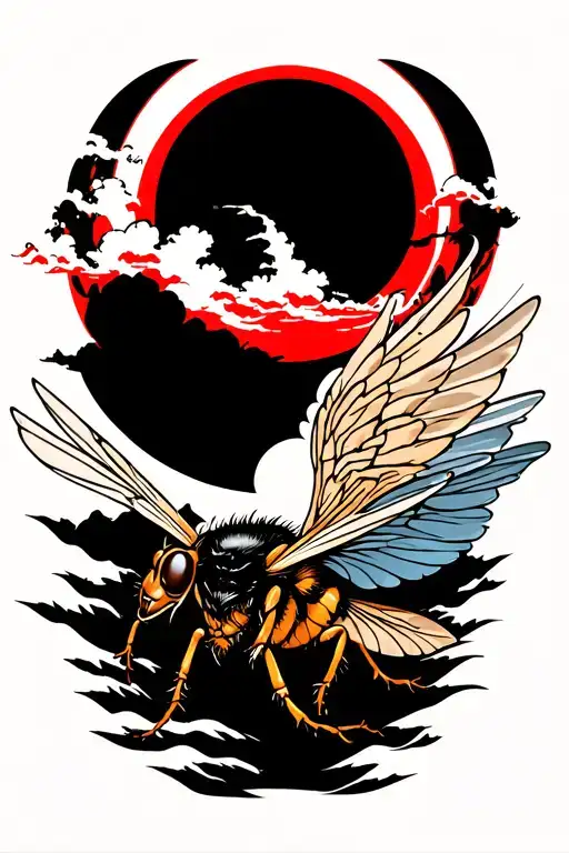 Single Hornet Flying Toward Red Sun
