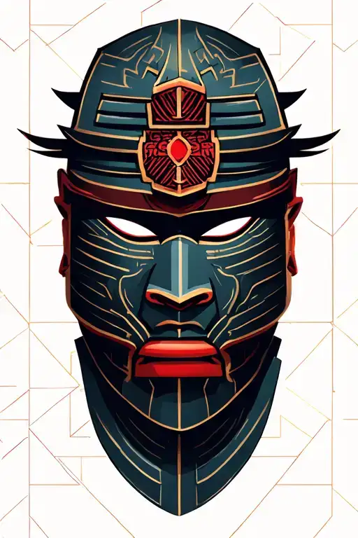 Japane Mask Samurai Warrior With Geometric Background