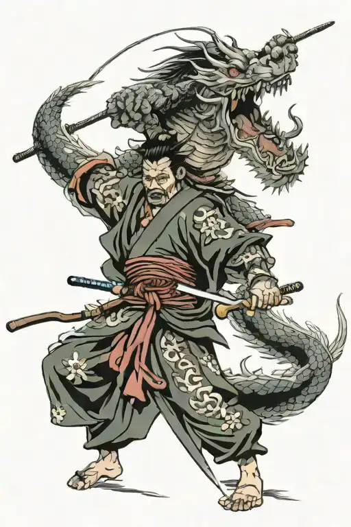 Japanese Samurai Battling A Dragon Wrapped Loosely