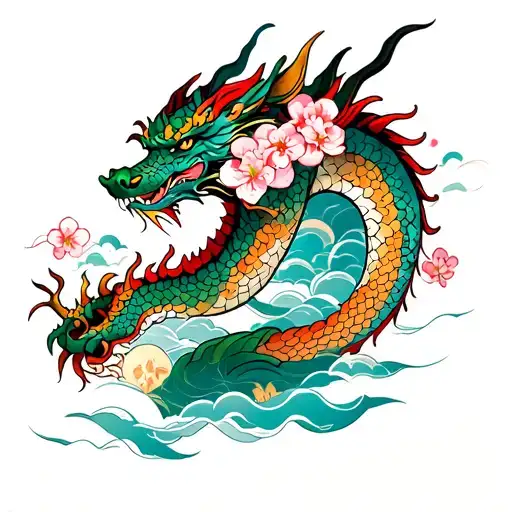 Neck Tattoo Dragon With Cherry Blossoms And Clouds