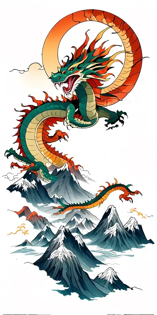 A Mountain Range Tattoo With An Anime-style Dragon Flying Through The Peaks