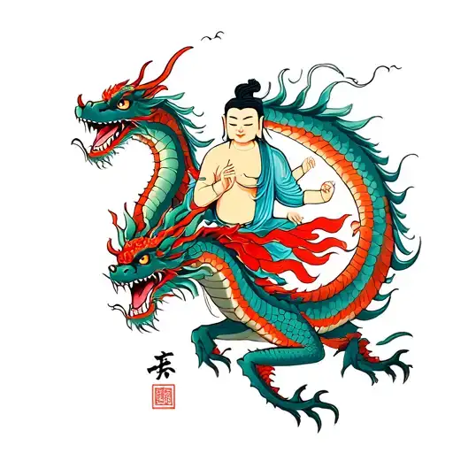Budha Ridding A Dragon Flying