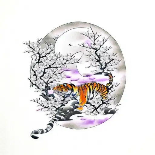 Irezumi Tiger Climbing Down A Branch With Plum Blossoms And Swirl Clouds And Moon In Back