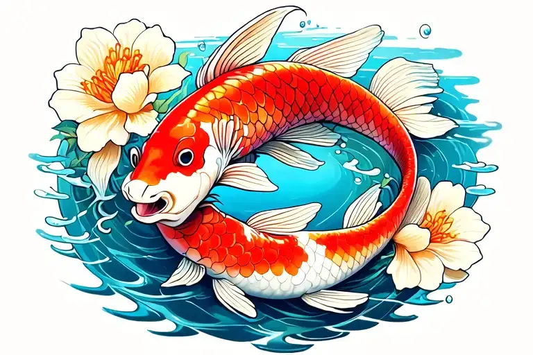 Koi Fish With Flowers And Water Fish With A