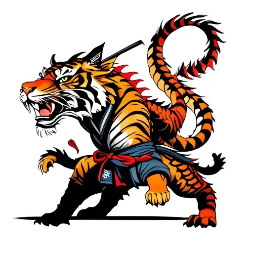 Brazilian Jiu-jitsu Themed Dragon Versus Tiger With A Samurai Suit In The Background