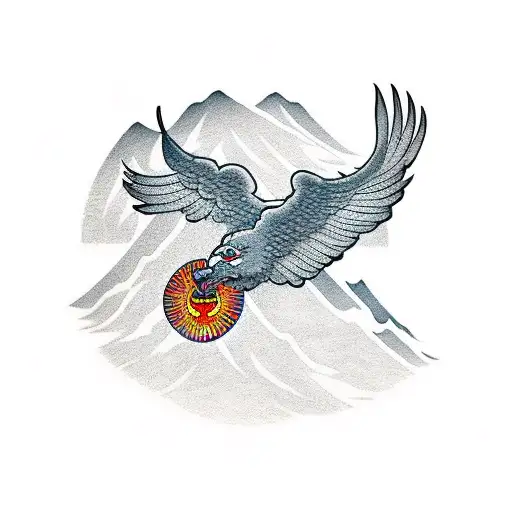 Harpi Eagle With Japanese Rising Sun Over A Mountain Range