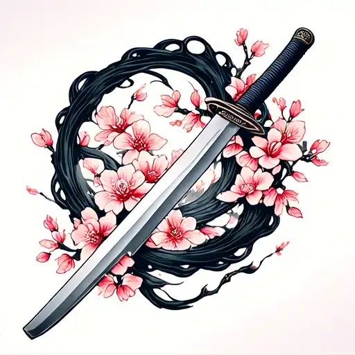 Katana Is Surrounded By Japanese Cherry Blossom Wrapping Around The Blade