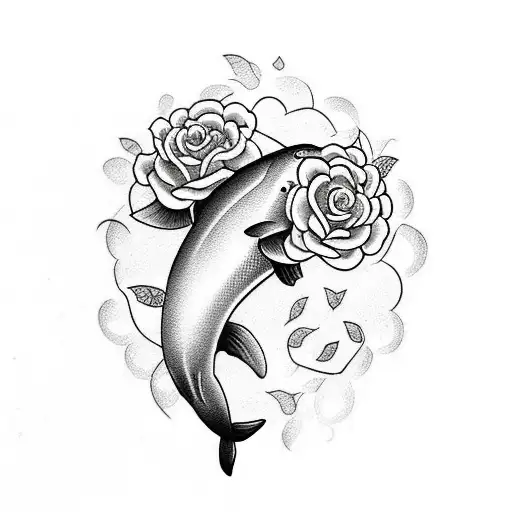 A Traditional Tattoo Design Featuring A Dolphin And Yellow Roses Intertwined In A Heart Shape