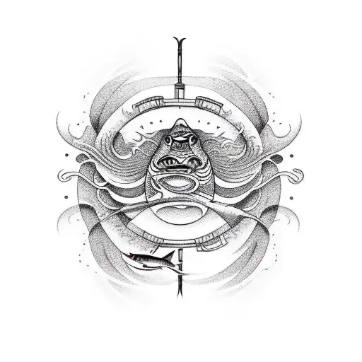 A Bass Guitar Surrounded By Swirling Waves And A Fishing Hook