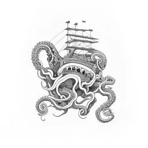 Strong Waves With An Octopus And One Of It's Ten Tentacals Holding Onto An Old Fashion Ship