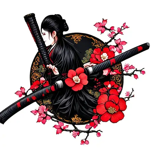 Katana Is Surrounded By Japanese Cherry Blossom