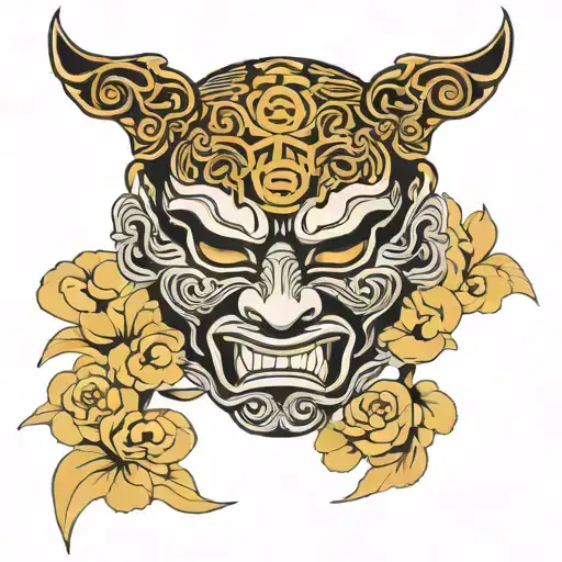 Japanese Mask With Greek Line Pattern Incorporating Elements