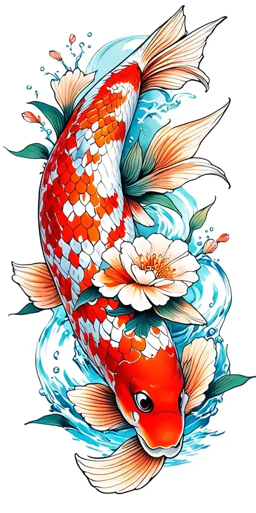 Koi Fish With Flowers And Water Fish With A