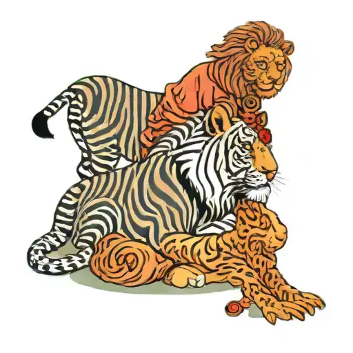 Lion In Zebra Print Surrounded By Buddhist Monk Meditating