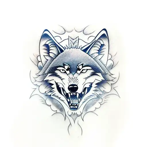 Tattoo Of Wolf On Mans Masculine Chest Looking Scary And Big Teeths With Blood In His Mount
