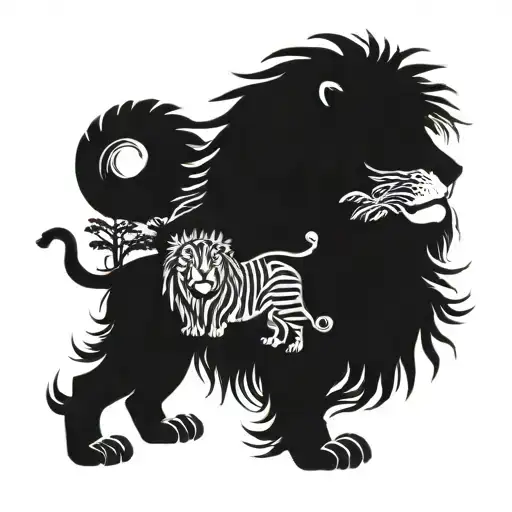 Lion In Zebra Print Surrounded By Buddhist Forest Scene