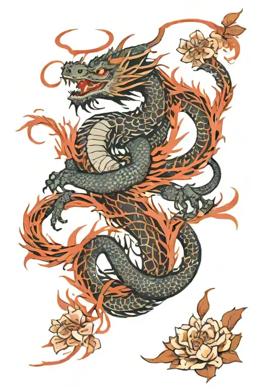 Dragon With Red Spider Lily Flowers