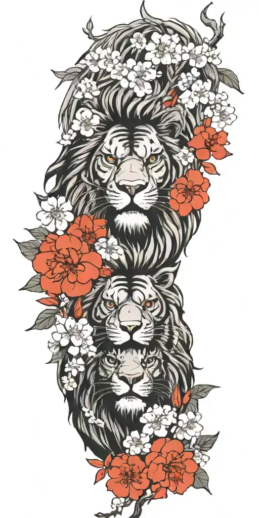 Design A Dotwork Tattoo Of An Anime-inspired Lion And Tiger Surrounded By Cherry Blossom Trees