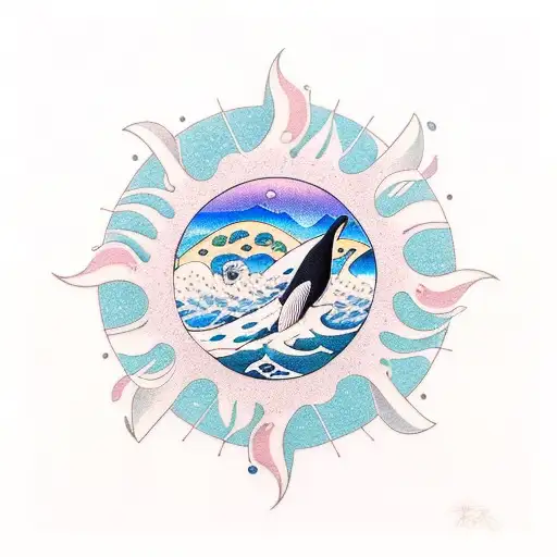 Orca Whale With Waves And Sun In A Circle