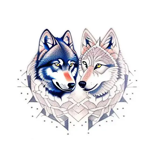 Two Different Wolves Conjoined Together In Neotraditional