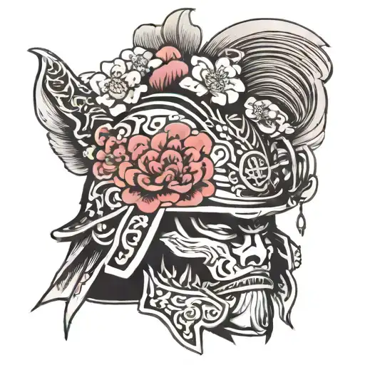The Helmet Of A Japanese Warrior And Sakura