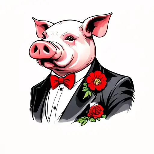 Gangster Pig With Tuxedo With Red Bowtie And Red Flower On Lapel