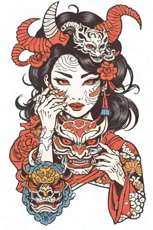 Japanese Woman Holding A Demon Mask