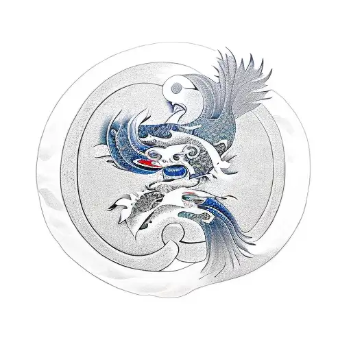 A Yin And Yang Symbol With A Phoenix And Koi Fish Intertwined