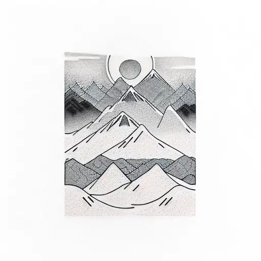 Mountains And A Small Red Sunrise In Minimal Line Arts