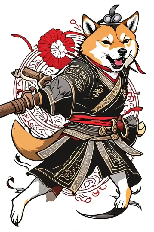 Fighting Samurai Shiba Inu Japan Style Tattoo Black And Grey