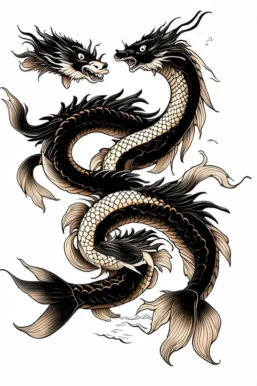 Japanese Dragon In The Sea With 2 Koi Carps
