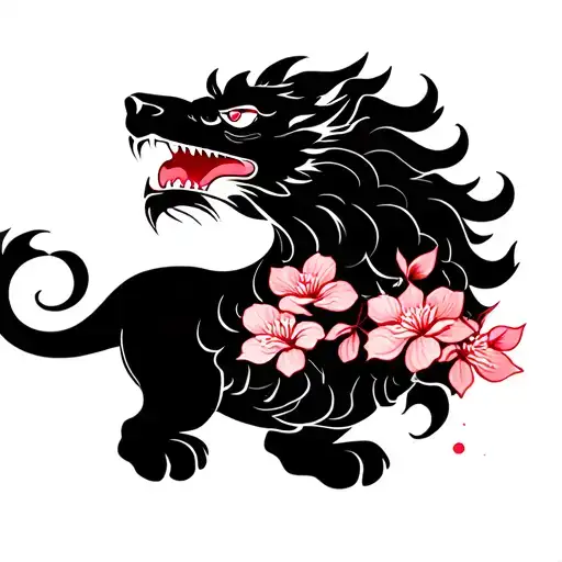 Foo Lion Cherry Blossoms Falling