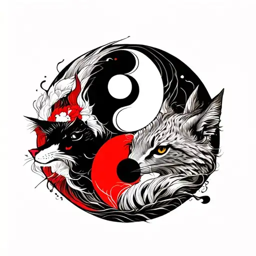 Yin And Yang Red And Black Tattoo With Different Animal Perspectives