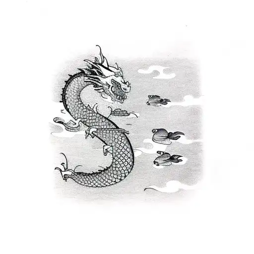 Dragon Flying Below Koi Fish Swimming Up Stream