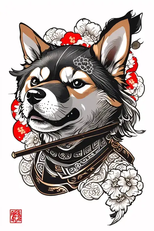 Mean Samurai Shiba Inu Japan Style Tattoo Blaxk And Grey