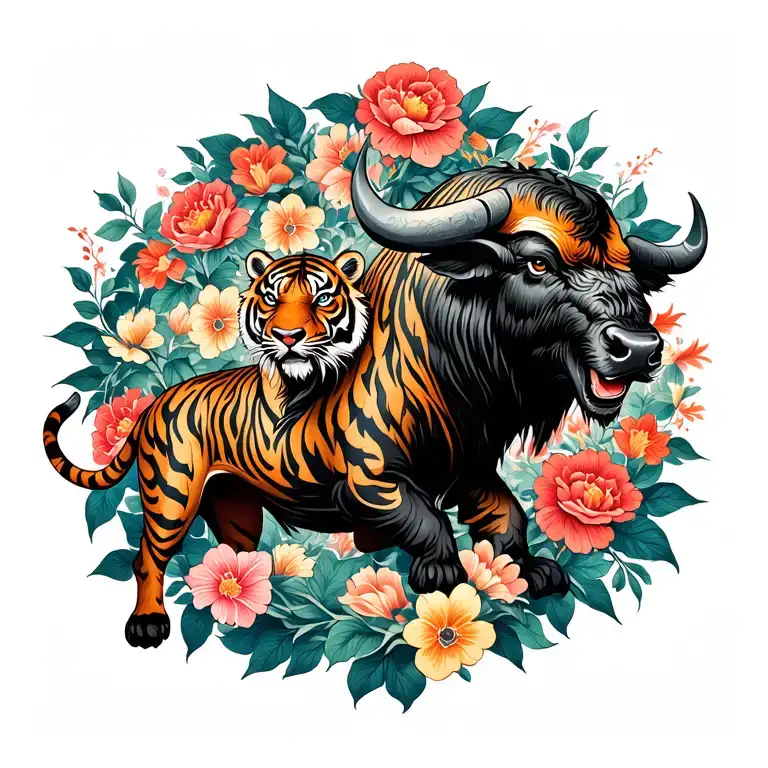 Cape Buffalo Fighting A Tiger Surrounded In Floral