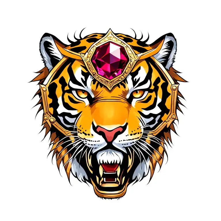 Tiger With A Gold Chest Plate With A Large Ruby On It Ready For Battle