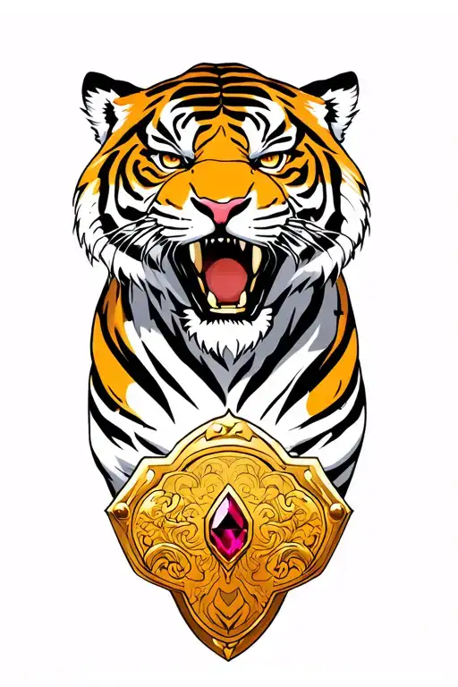 Tiger With A Gold Chest Plate With A Large Ruby On It Ready For Battle