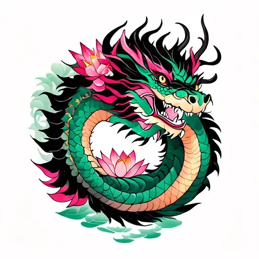 A Dragon With The Colours Black Pink And Green And Also Include Lotus Flowers