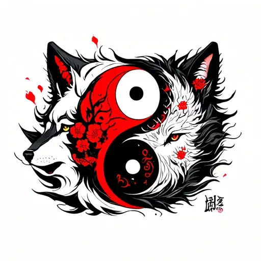 Yin And Yang Red And Black Tattoo With Wolf