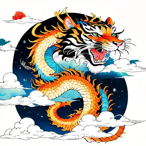 Combination Of Dragon And Tiger Above Cloud In The Night