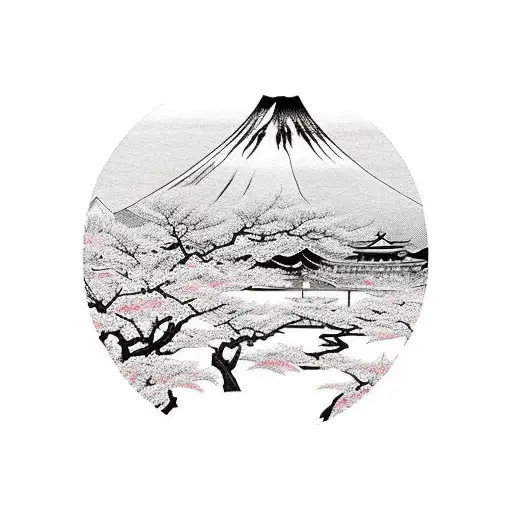 Mount Fuji With A Katana And Cherry Blossom