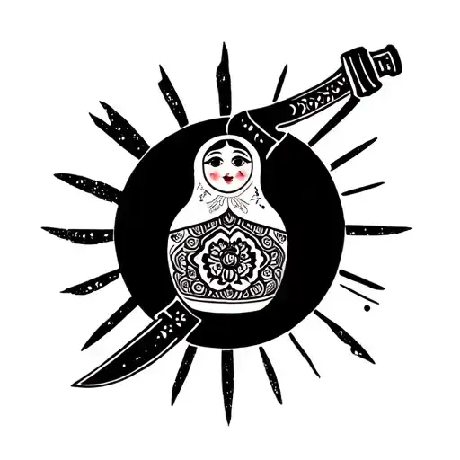 Russian Nesting Doll With Knife In Hand Sideways In Black Sun Symbol