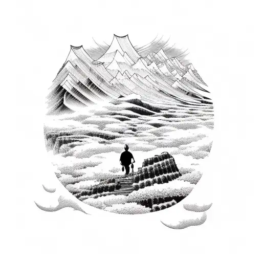 Black And White Line Art Illustration Of A Person Walking Or Climbing A Mountain