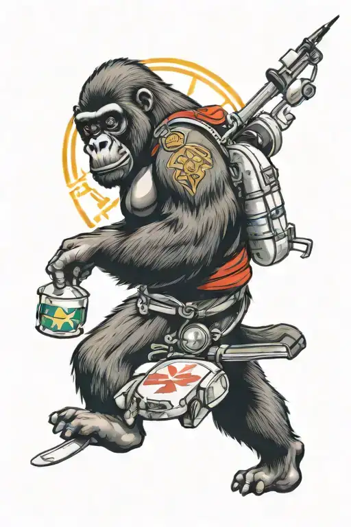 Create A Tattoo Inspired By Thai Art Featuring A Gorilla Driving An Ambulance