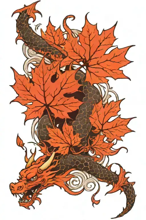 Maple Leaf Falling Next To Dragon