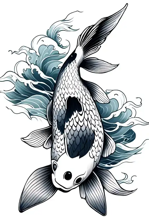 Koi Fish With Waves Black Grey
